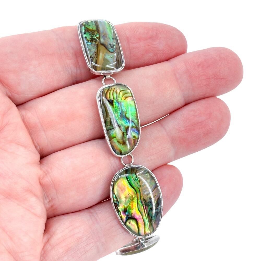 Vintage Sterling Silver 925 Abalone Link Bracelet 7”-8”